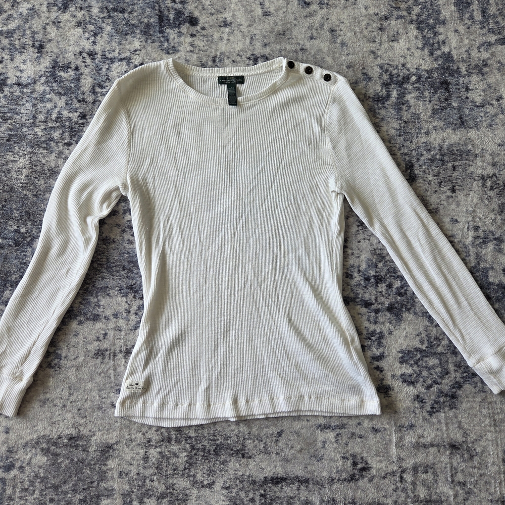 Ralph Lauren White Ribbed Long-Sleeve Top with Shoulder Buttons